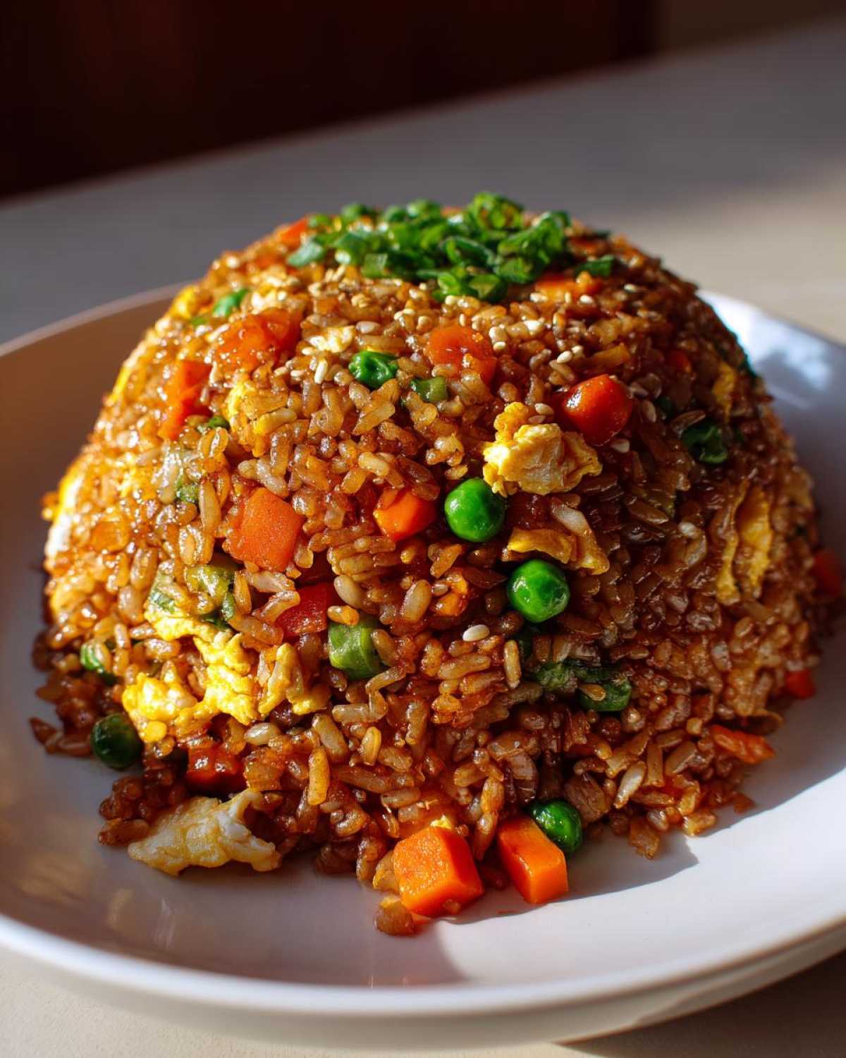A perfectly molded dome of rich brown Vegetable Fried Rice with peas, carrots, and scrambled egg, topped with green onions.