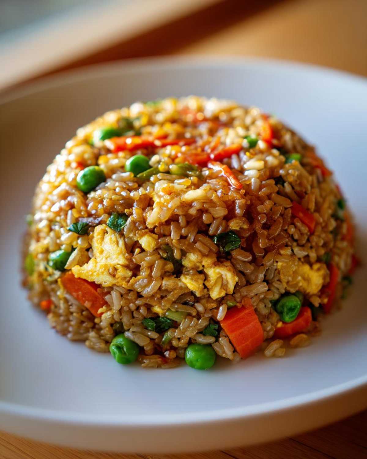 A beautifully molded mound of Vegetable Fried Rice with Sesame Ginger Sauce, featuring peas, carrots, and scrambled egg.