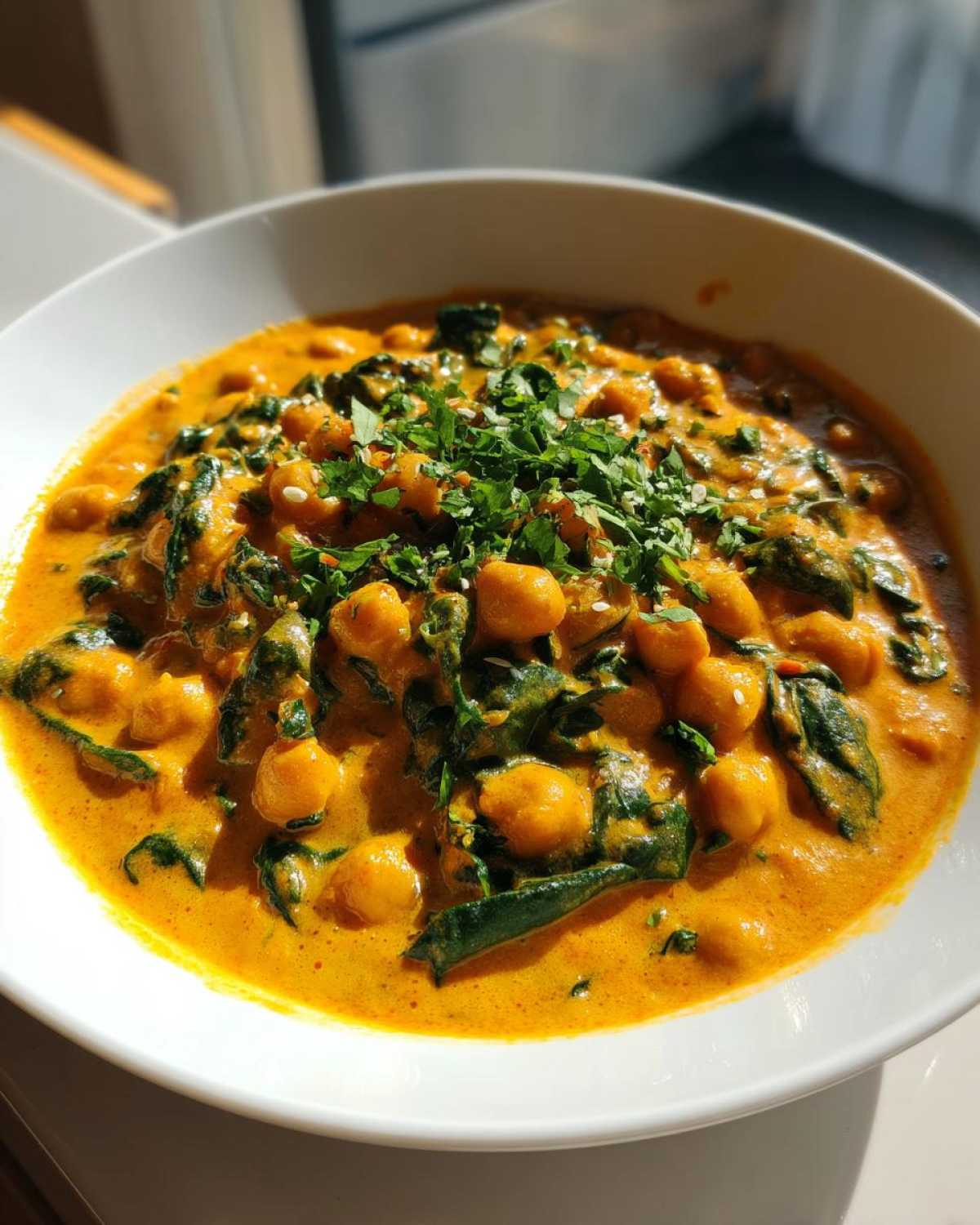 A close-up of rich, orange Vegetarian Chickpea Curry with Coconut Milk, featuring spinach and topped with fresh cilantro.