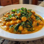 A close-up of a bowl filled with vibrant Vegetarian Chickpea Curry with Coconut Milk and wilted spinach, topped with fresh cilantro.