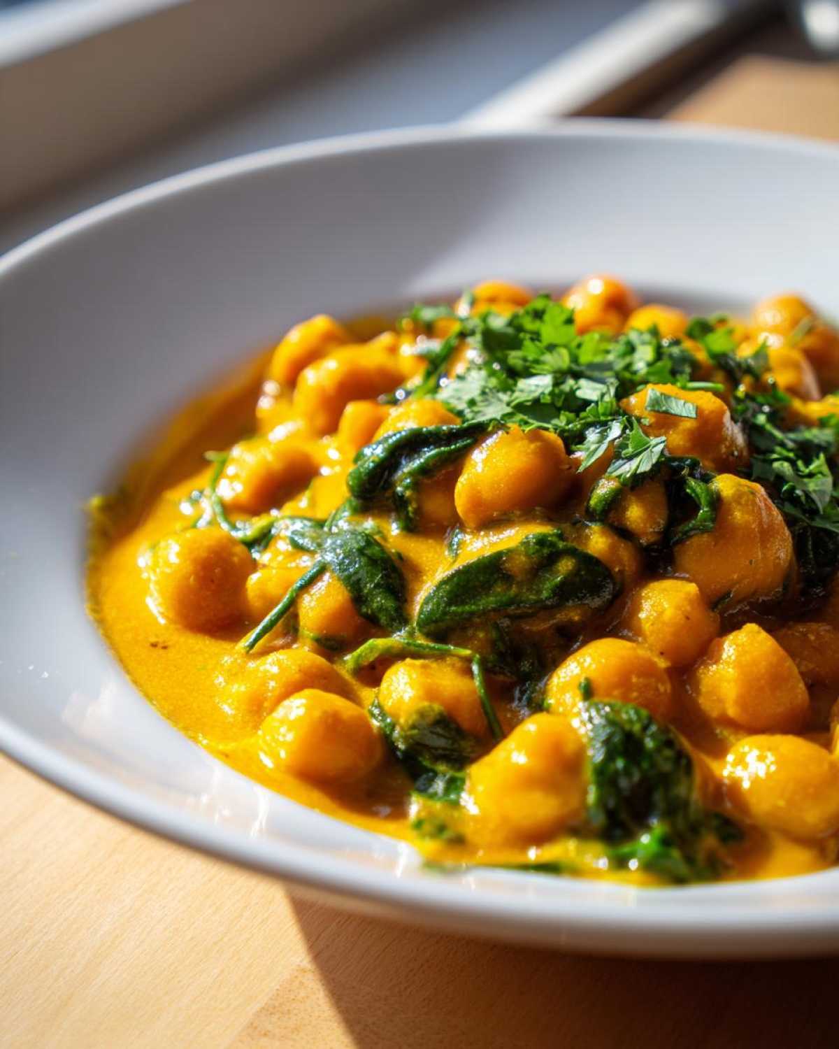 Close-up of vibrant Vegetarian Chickpea Curry with coconut milk sauce, spinach, and fresh cilantro garnish.