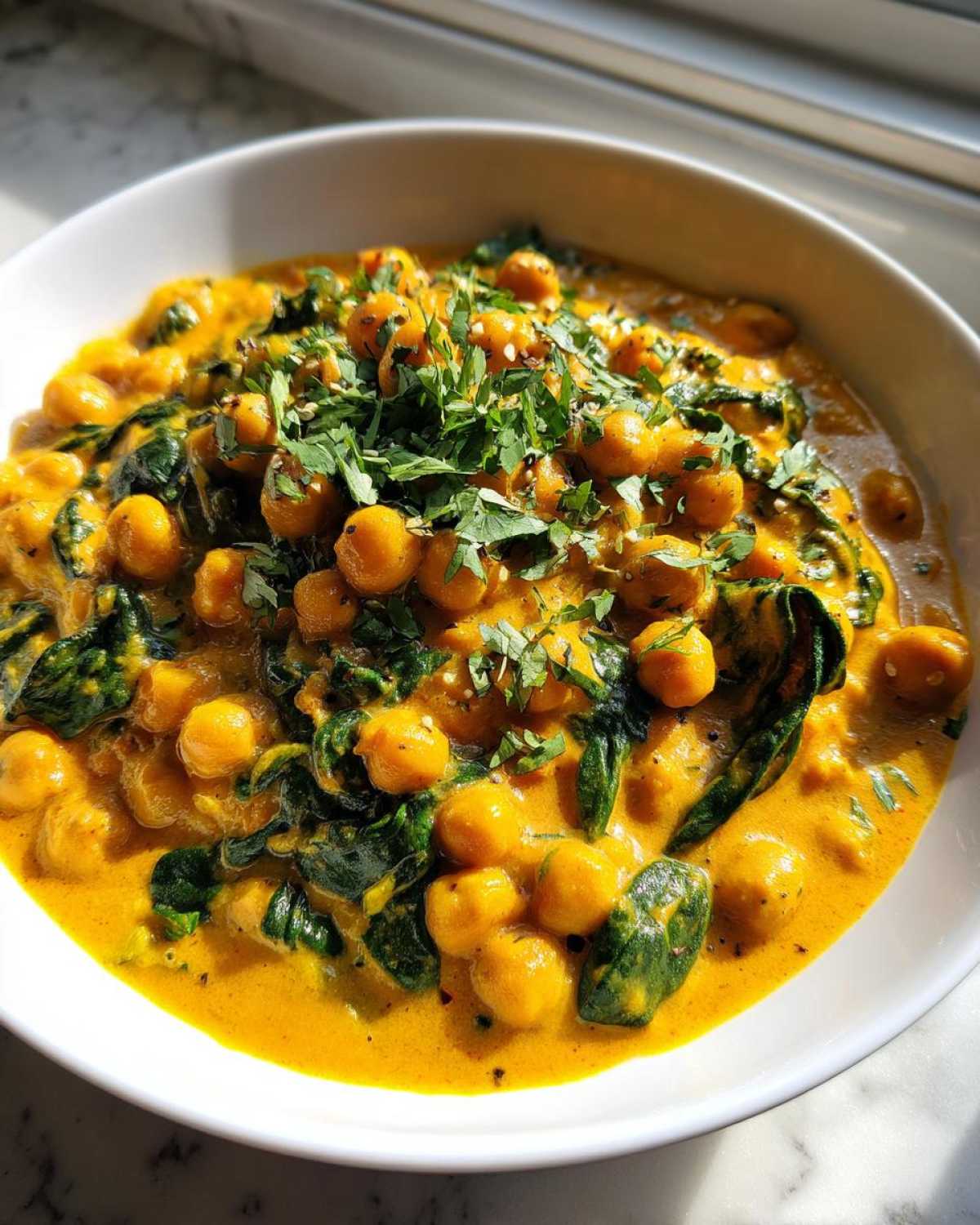 A vibrant bowl of Vegetarian Chickpea Curry with Coconut Milk, featuring chickpeas and spinach, topped with fresh cilantro.