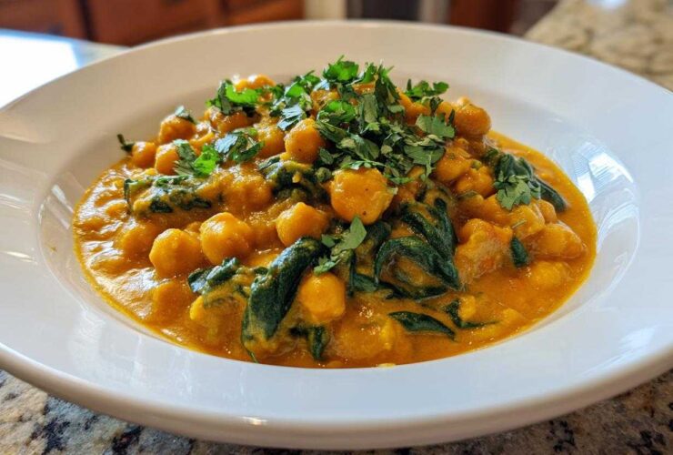 A close-up of a bowl filled with vibrant Vegetarian Chickpea Curry with Coconut Milk and wilted spinach, topped with fresh cilantro.