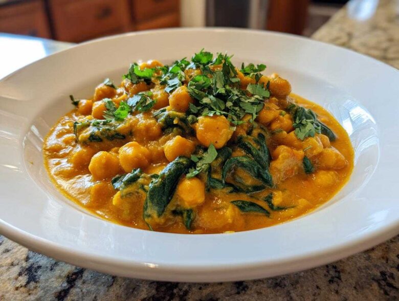 A close-up of a bowl filled with vibrant Vegetarian Chickpea Curry with Coconut Milk and wilted spinach, topped with fresh cilantro.