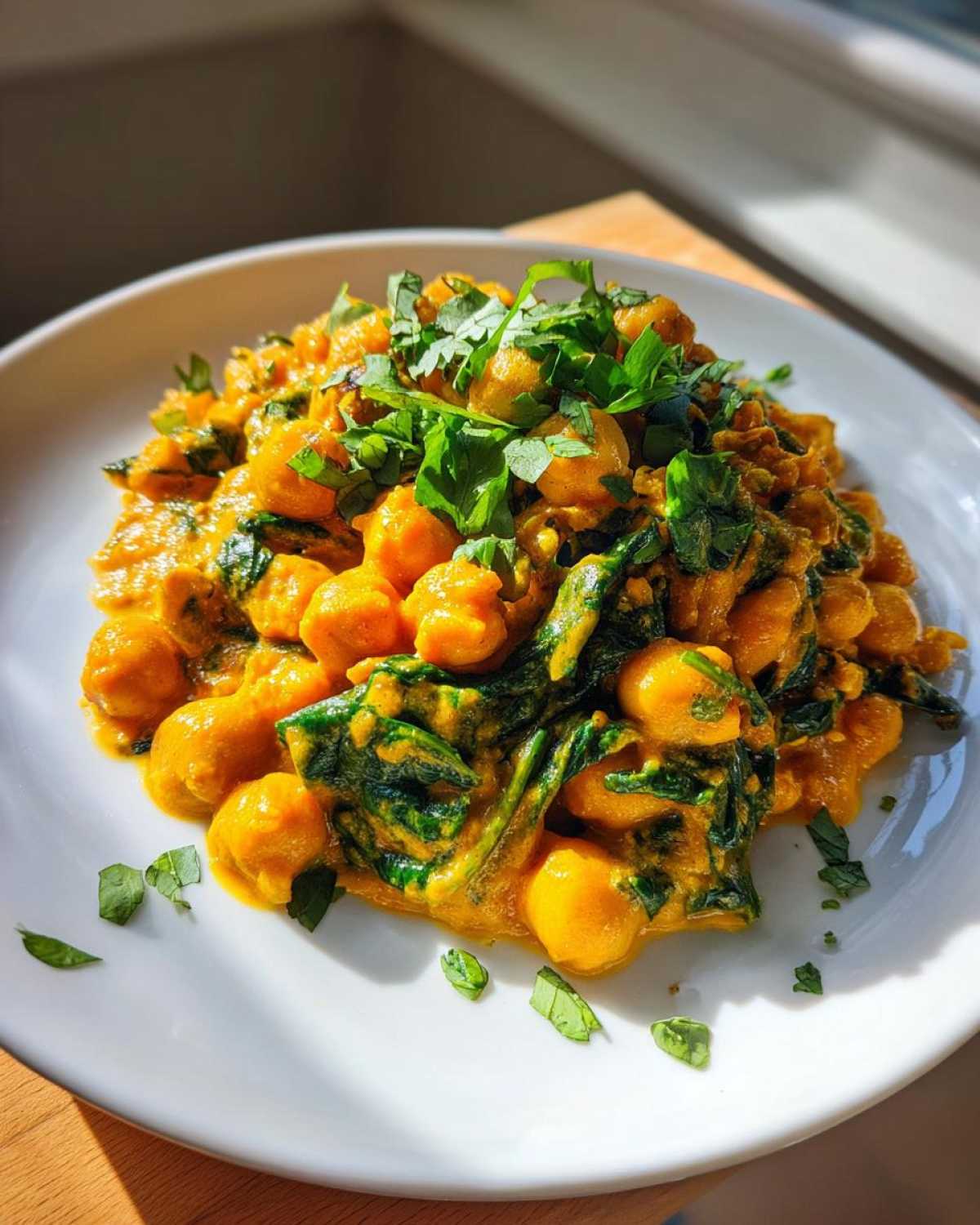 A close-up of rich, orange Vegetarian Chickpea Curry with coconut milk, mixed with dark green spinach and topped with fresh cilantro.