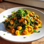 A close-up of a bowl of rich, orange Vegetarian Chickpea Curry with coconut milk and wilted spinach, topped with fresh cilantro.