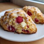 Two freshly baked White Chocolate Raspberry Scones drizzled with a white glaze, served on a white plate.