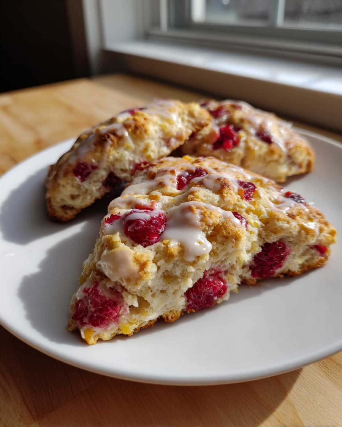 Close-up of three delicious White Chocolate Raspberry Scones, drizzled with white glaze, served on a white plate.