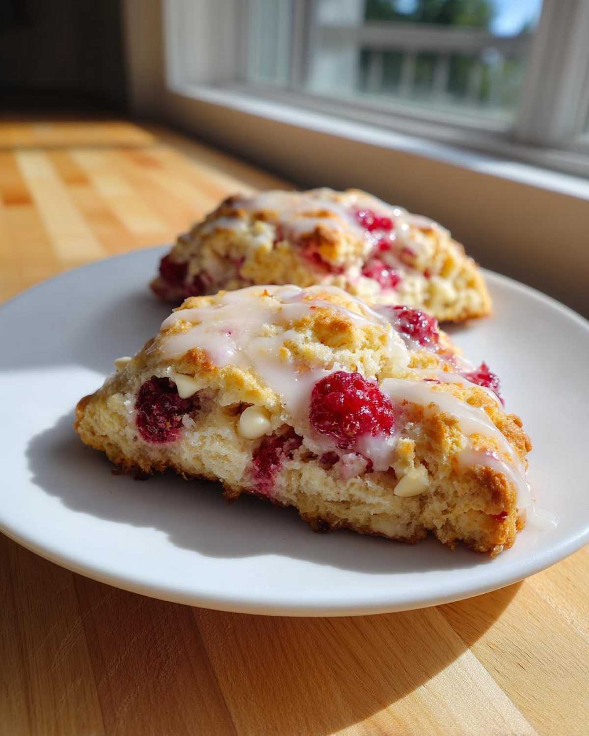 Two freshly baked White Chocolate Raspberry Scones drizzled with a sweet white glaze, served on a white plate.