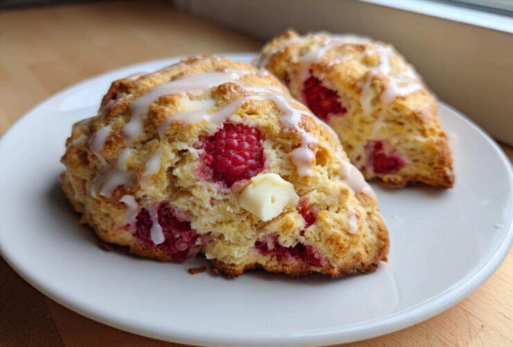 Two freshly baked White Chocolate Raspberry Scones drizzled with a white glaze, served on a white plate.