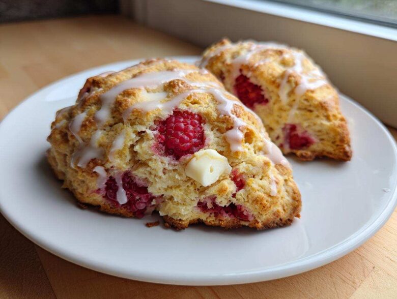 Two freshly baked White Chocolate Raspberry Scones drizzled with a white glaze, served on a white plate.