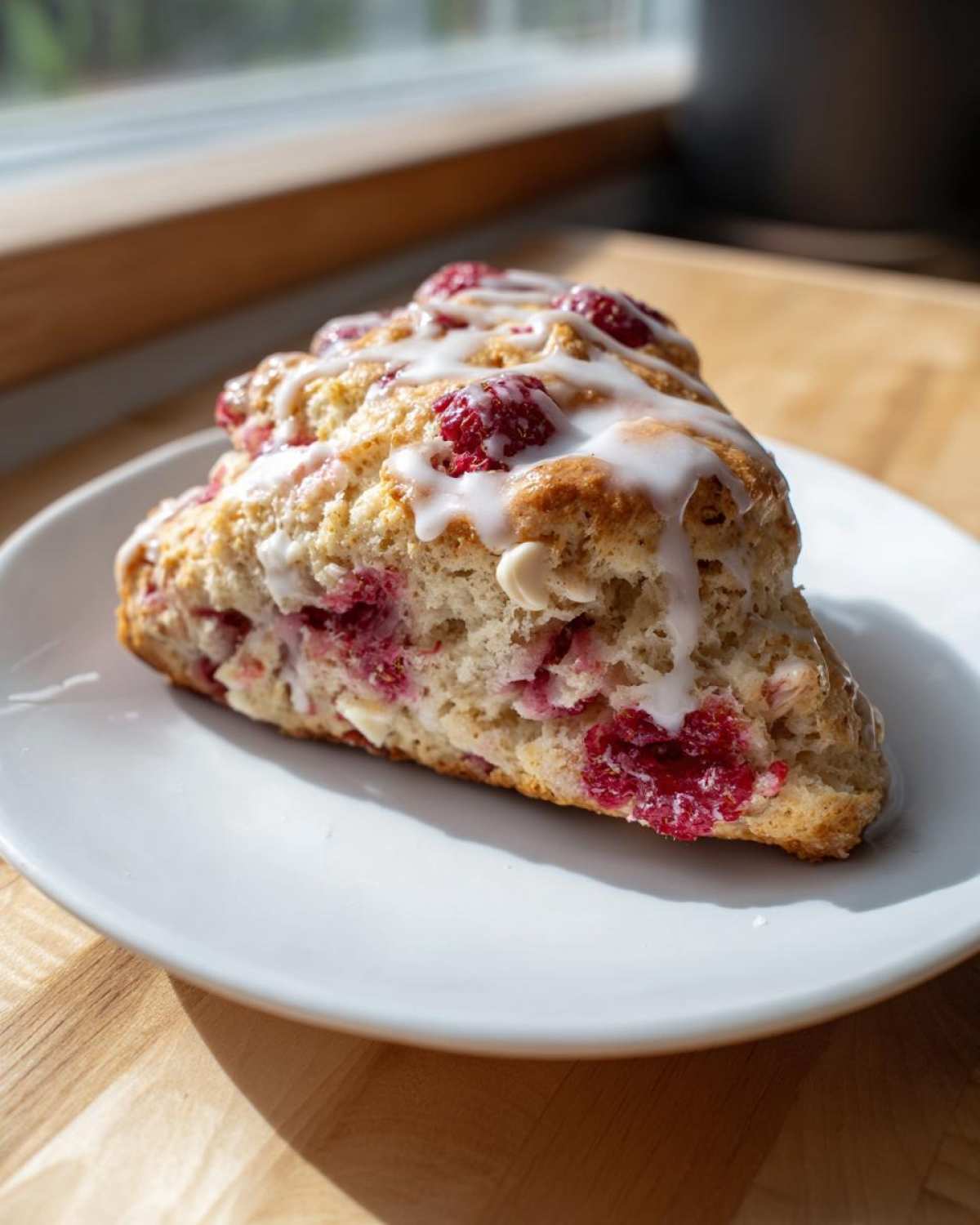 A single slice of White Chocolate Raspberry Scones, topped with a sweet white glaze and visible raspberries.