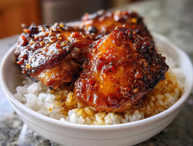 Sticky Sweet Chili Chicken Thighs with Rice - Featured