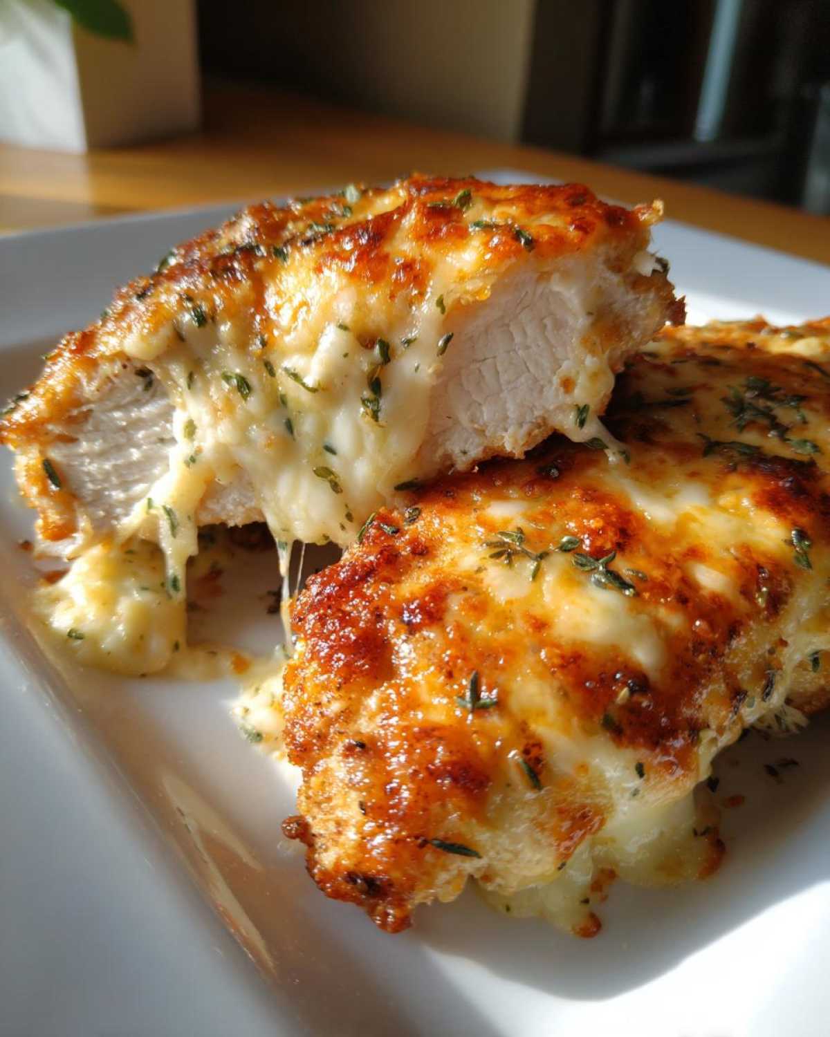 Close-up of Cheesy Baked Chicken with Cream Sauce, showing a cheese pull as the piece is cut open.