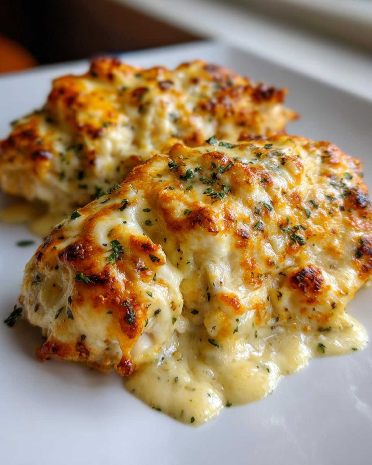 Two servings of Cheesy Baked Chicken with Cream Sauce, topped with golden melted cheese and herbs.