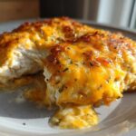 Close-up of two pieces of Cheesy Baked Chicken with Cream Sauce, showing melted orange cheese topping and moist white chicken interior.