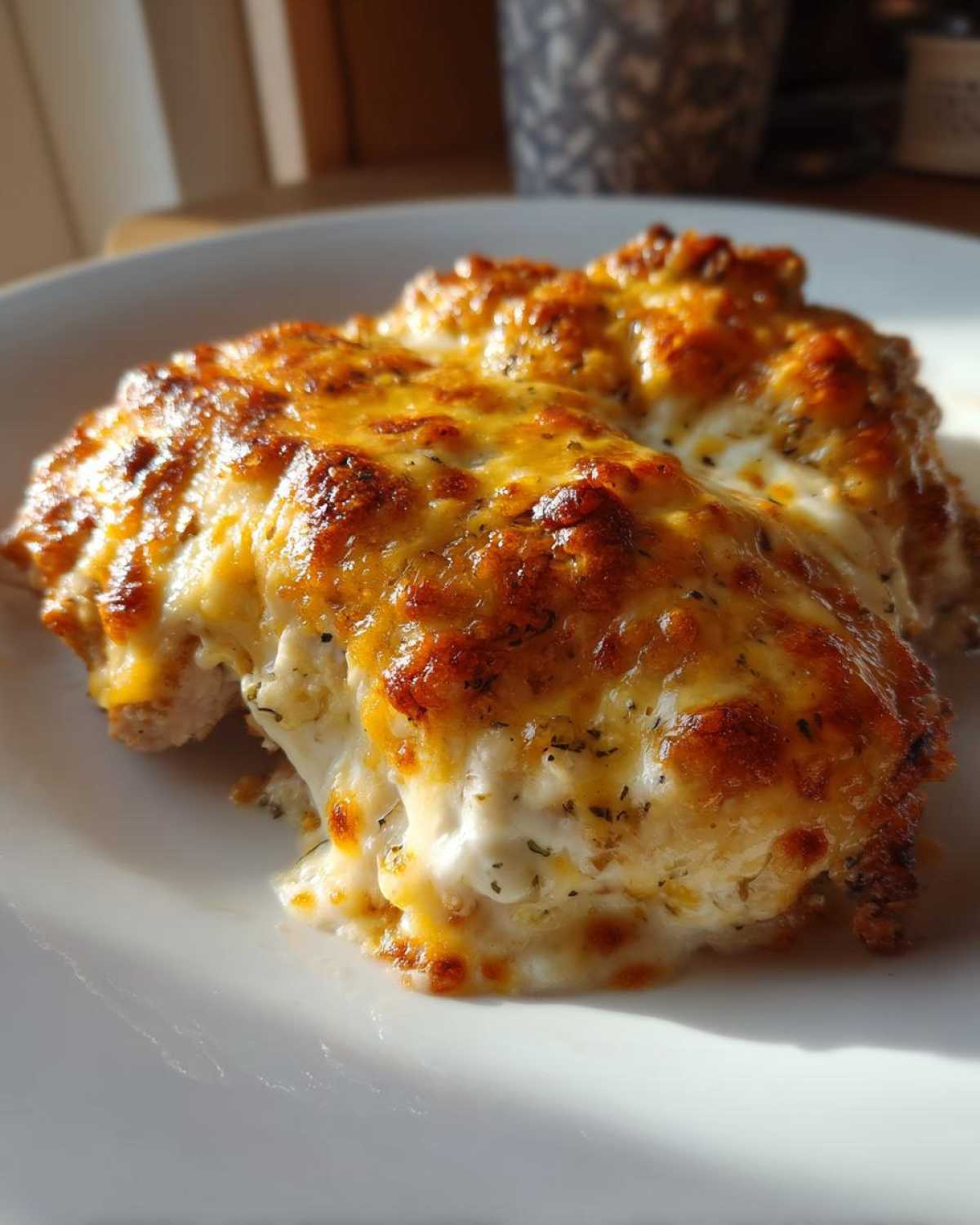 Two servings of Cheesy Baked Chicken with Cream Sauce, topped with bubbly, golden-brown melted cheese.