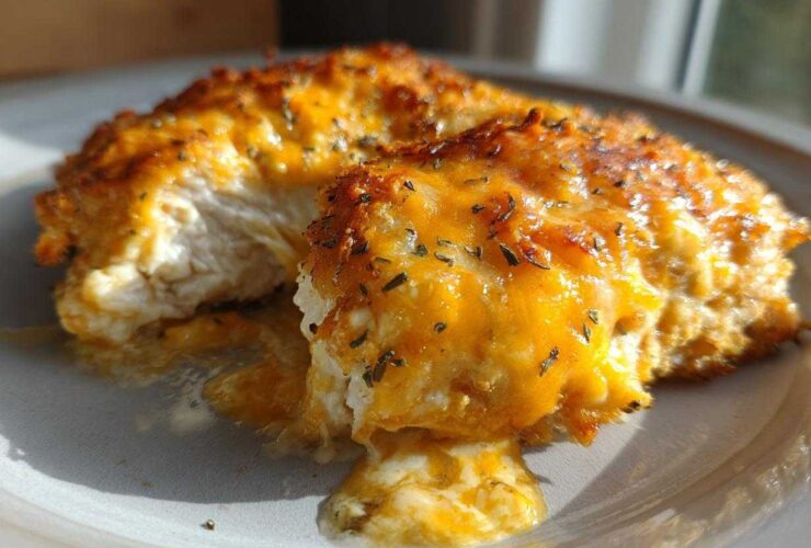 Close-up of two pieces of Cheesy Baked Chicken with Cream Sauce, showing melted orange cheese topping and moist white chicken interior.