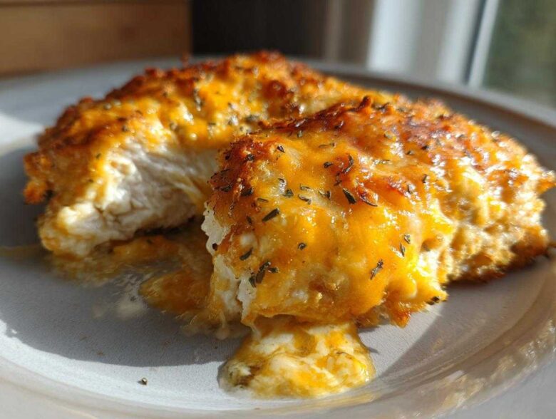 Close-up of two pieces of Cheesy Baked Chicken with Cream Sauce, showing melted orange cheese topping and moist white chicken interior.