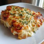 A close-up of a serving of Cheesy Baked Chicken with Cream Sauce, topped with melted, browned cheese and parsley.