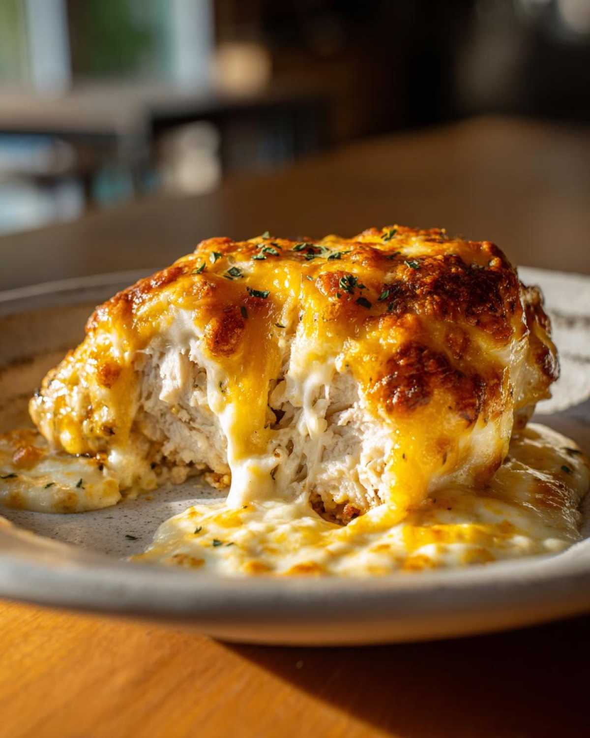 Close-up of Cheesy Baked Chicken with Cream Sauce, showing a cross-section of juicy chicken under a thick layer of melted, browned cheese.