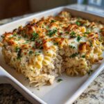 A serving of Cheesy Chicken Alfredo Bake with Mozzarella showing shredded chicken, pasta, and a golden, bubbly cheese topping.