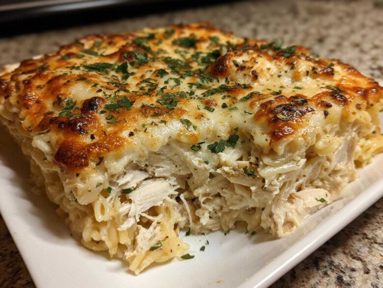A thick slice of Cheesy Chicken Alfredo Bake with Mozzarella showing shredded chicken and pasta under a golden, bubbly cheese topping.