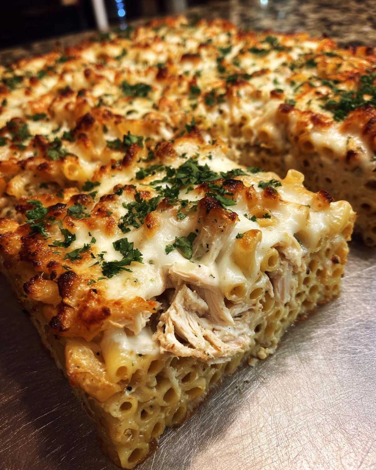 A thick slice of Cheesy Chicken Alfredo Bake with Mozzarella showing layers of pasta, shredded chicken, and a bubbly, browned cheese topping.
