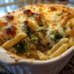 Close-up of a freshly baked Cheesy Chicken and Broccoli Pasta Bake with golden melted cheese topping.