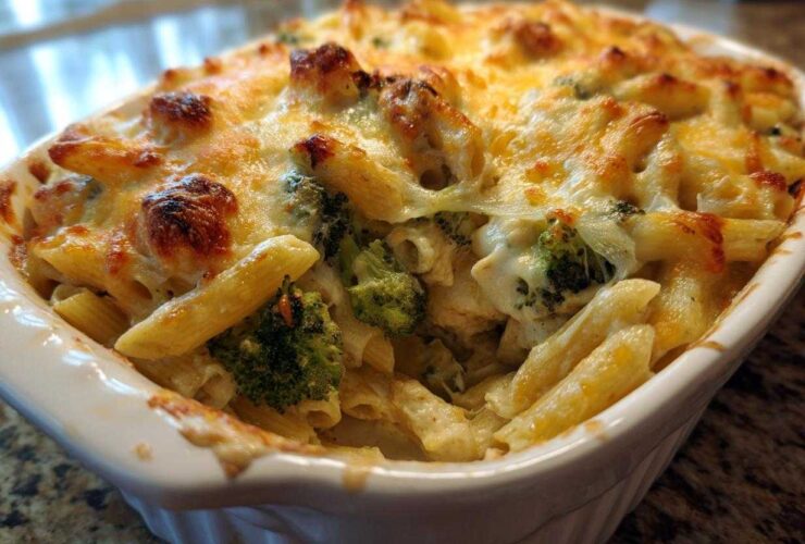Close-up of a freshly baked Cheesy Chicken and Broccoli Pasta Bake with golden melted cheese topping.