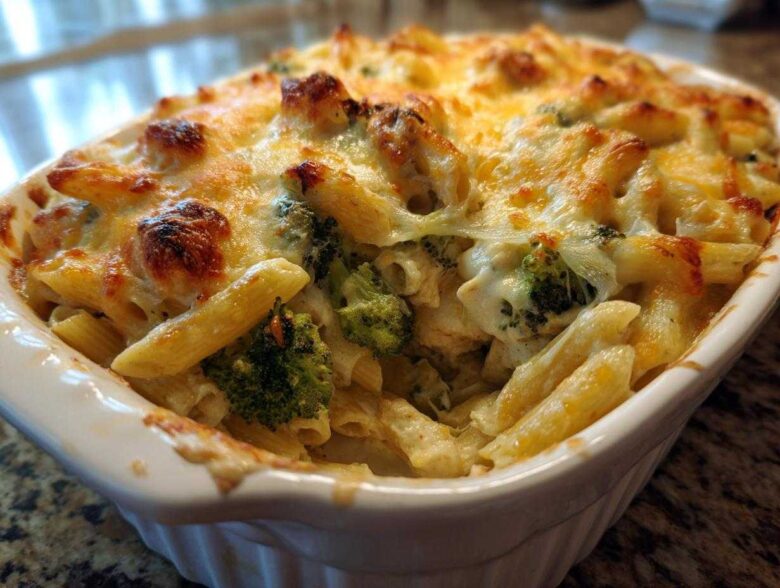 Close-up of a freshly baked Cheesy Chicken and Broccoli Pasta Bake with golden melted cheese topping.