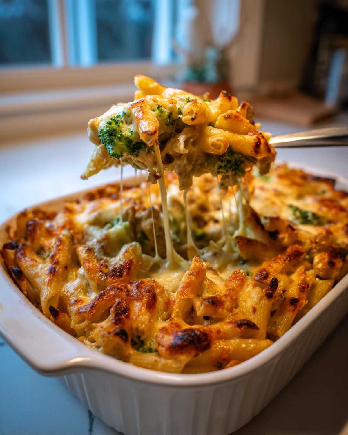 A spoonful of Cheesy Chicken and Broccoli Pasta Bake showing a dramatic cheese pull over the baking dish.