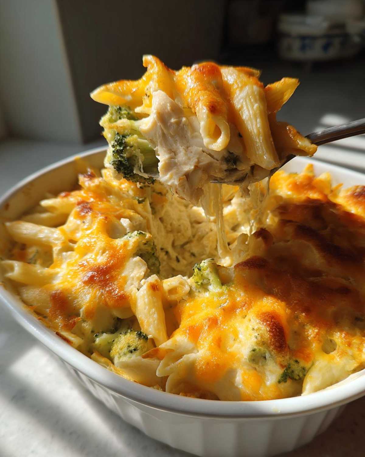 A spoonful of Cheesy Chicken and Broccoli Pasta Bake being lifted, showing melted cheese and pasta.