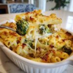 A spoonful of Cheesy Chicken and Broccoli Pasta Bake showing a dramatic cheese pull over the white baking dish.