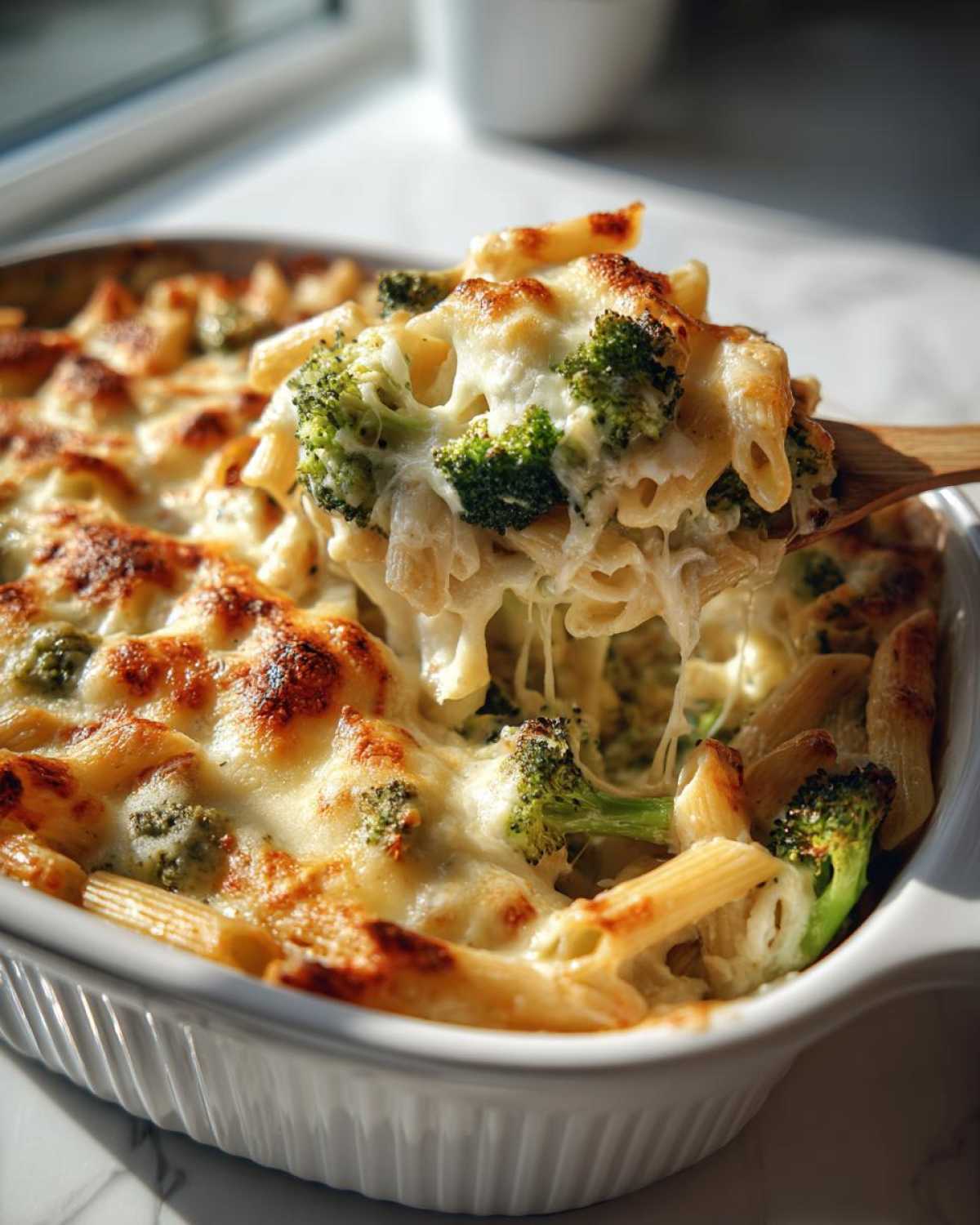 A spoonful of Cheesy Chicken and Broccoli Pasta Bake showing melted, stringy cheese and bright green broccoli florets.
