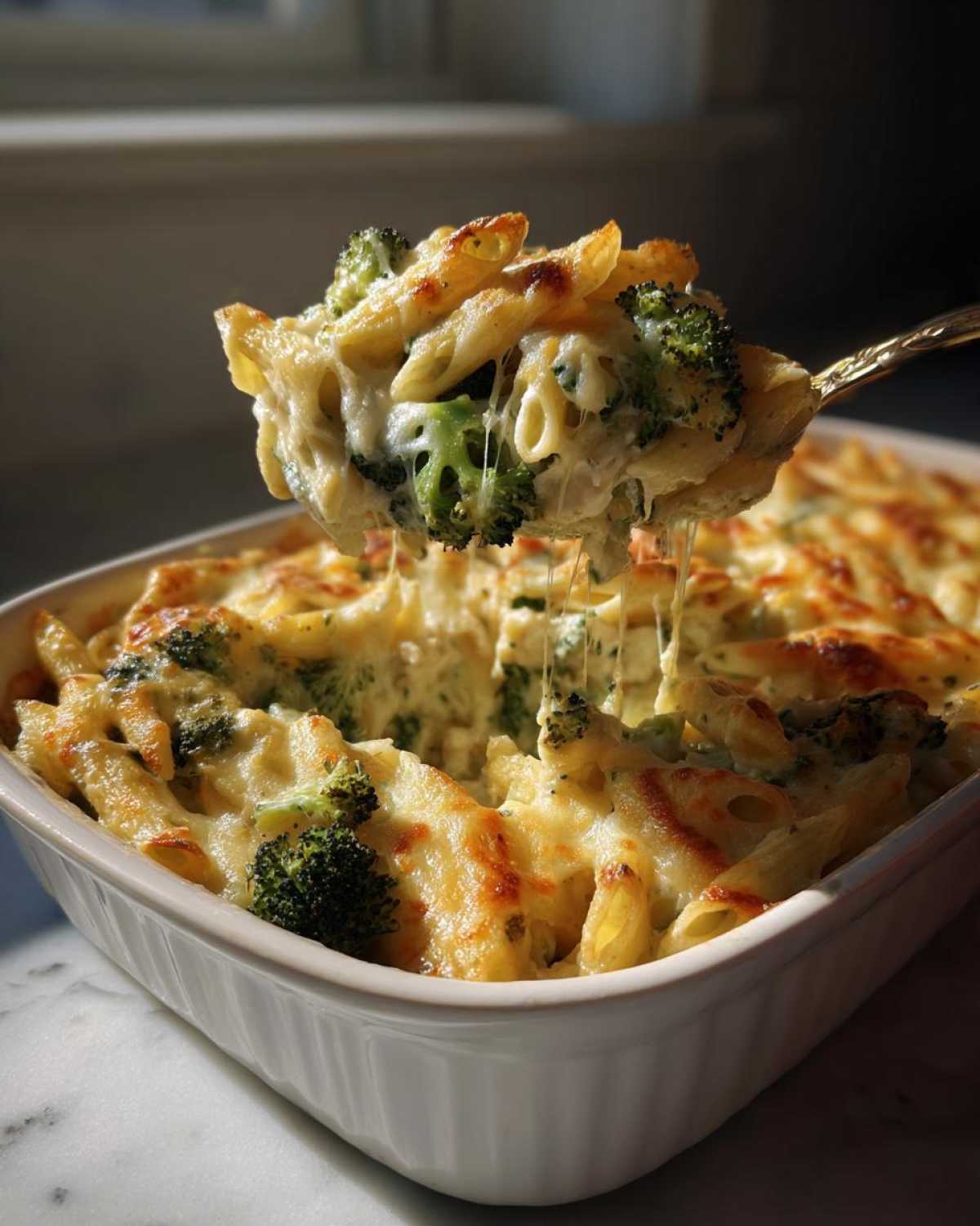 A spoonful of Cheesy Chicken and Broccoli Pasta Bake showing melted cheese stretching between the spoon and the baking dish.