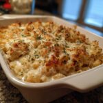 Close-up of baked Cheesy Chicken Pasta with Creamy Sauce in a white casserole dish, topped with melted, browned cheese and parsley.