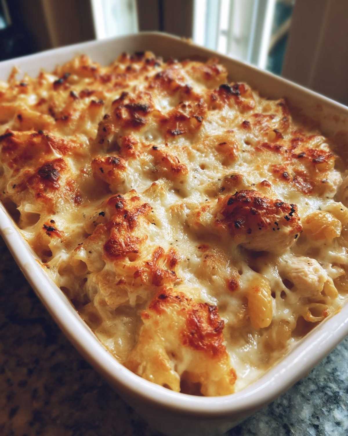 Close-up of baked Cheesy Chicken Pasta with Creamy Sauce, featuring a bubbly, golden-brown melted cheese crust.