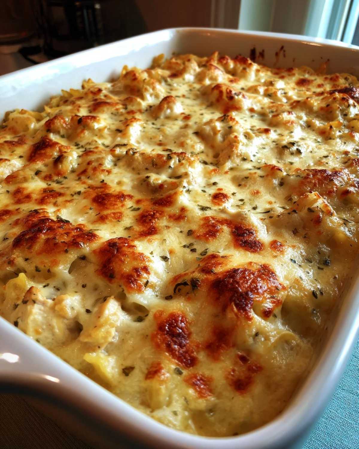Close-up of baked Cheesy Chicken Pasta with Creamy Sauce, featuring a bubbly, golden-brown melted cheese crust.