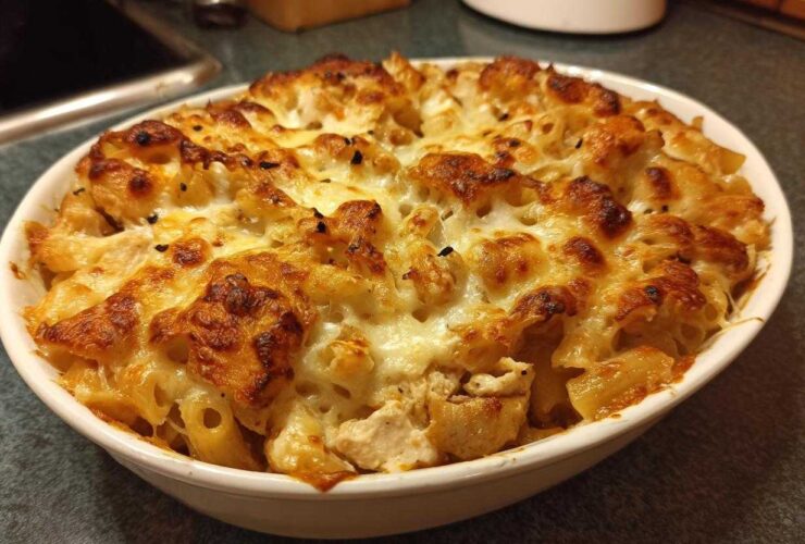 A close-up of a white baking dish filled with Cheesy Chicken Pasta with Creamy Sauce, featuring a bubbly, browned cheese crust.