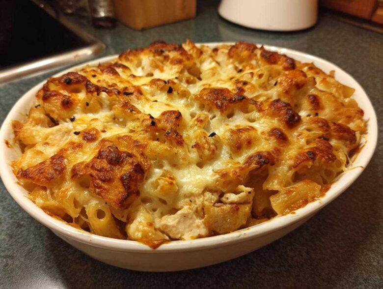 A close-up of a white baking dish filled with Cheesy Chicken Pasta with Creamy Sauce, featuring a bubbly, browned cheese crust.
