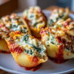Close-up of baked Cheesy Chicken Stuffed Shells with Spinach, topped with melted cheese and marinara sauce.