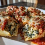 Close-up of baked Cheesy Chicken Stuffed Shells with Spinach, topped with melted mozzarella and marinara sauce.