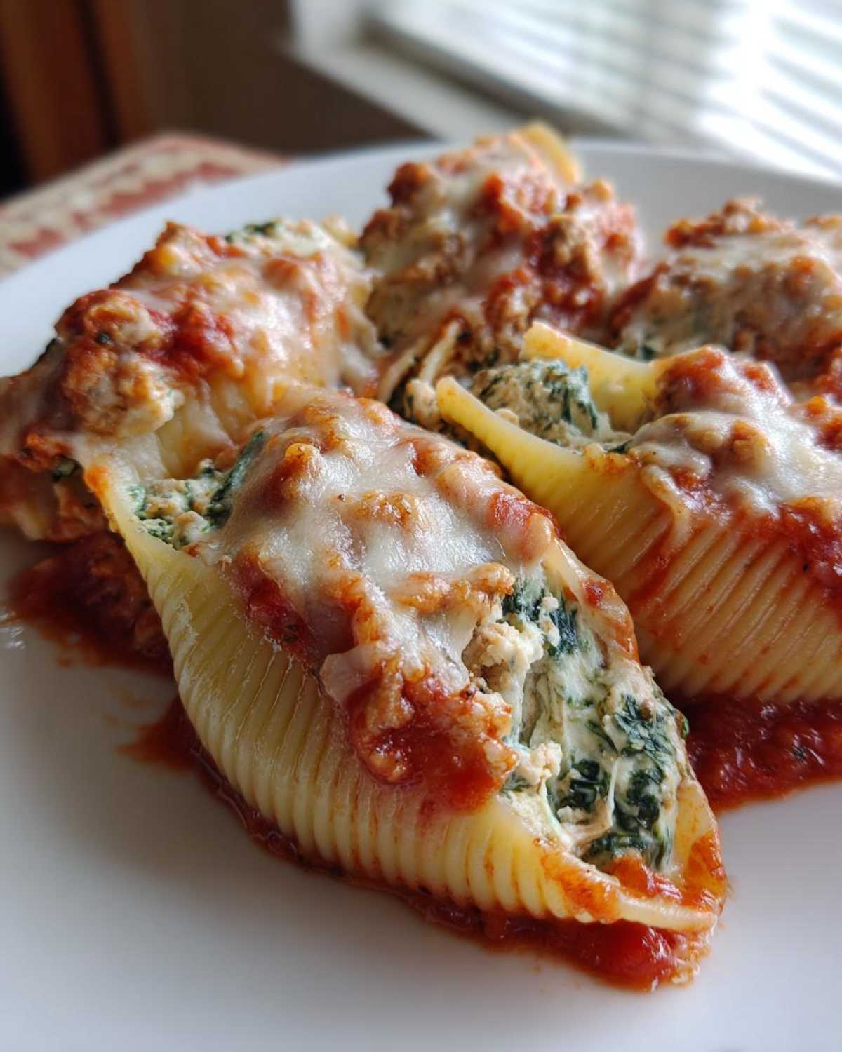 Close-up of baked Cheesy Chicken Stuffed Shells with Spinach, covered in marinara sauce and melted mozzarella cheese.