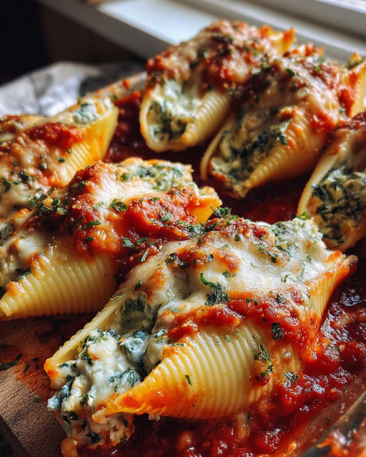 Close-up of baked Cheesy Chicken Stuffed Shells with Spinach, topped with melted mozzarella and marinara sauce.