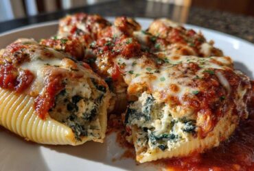 Close-up of baked Cheesy Chicken Stuffed Shells with Spinach, topped with melted mozzarella and marinara sauce.