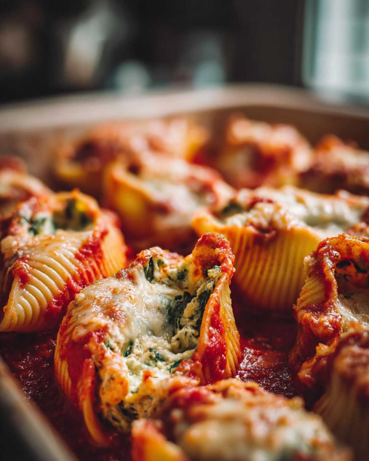 Close-up of baked Cheesy Chicken Stuffed Shells with Spinach, covered in melted cheese and tomato sauce.
