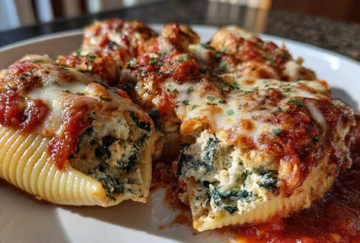 Close-up of baked Cheesy Chicken Stuffed Shells with Spinach, topped with melted mozzarella and marinara sauce.