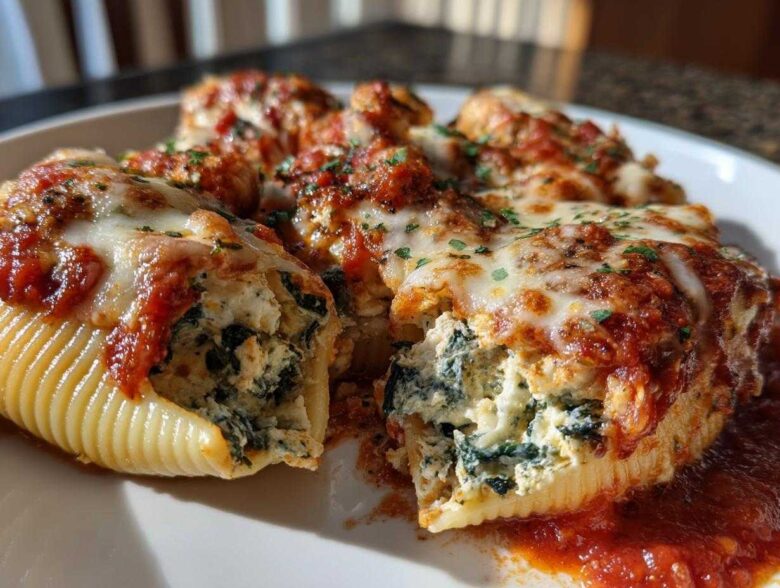 Close-up of baked Cheesy Chicken Stuffed Shells with Spinach, topped with melted mozzarella and marinara sauce.