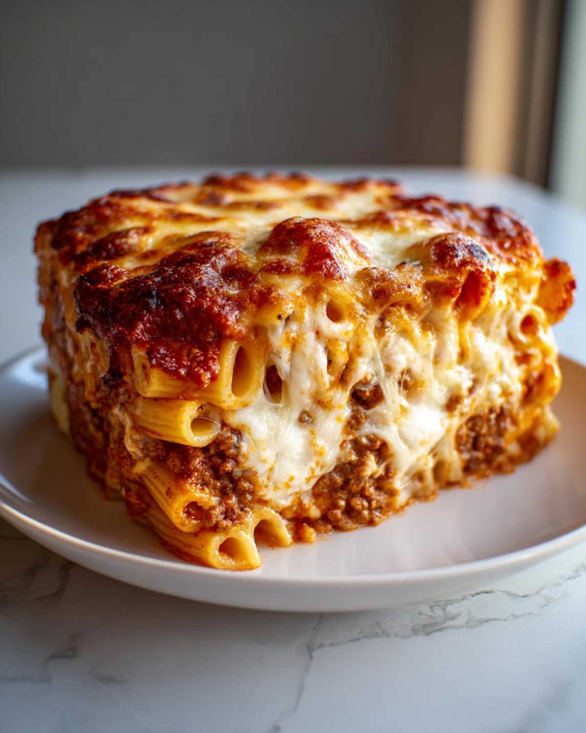 A thick, square slice of Cheesy Ground Beef Pasta Bake showing melted, browned cheese and rigatoni pasta filled with meat sauce.